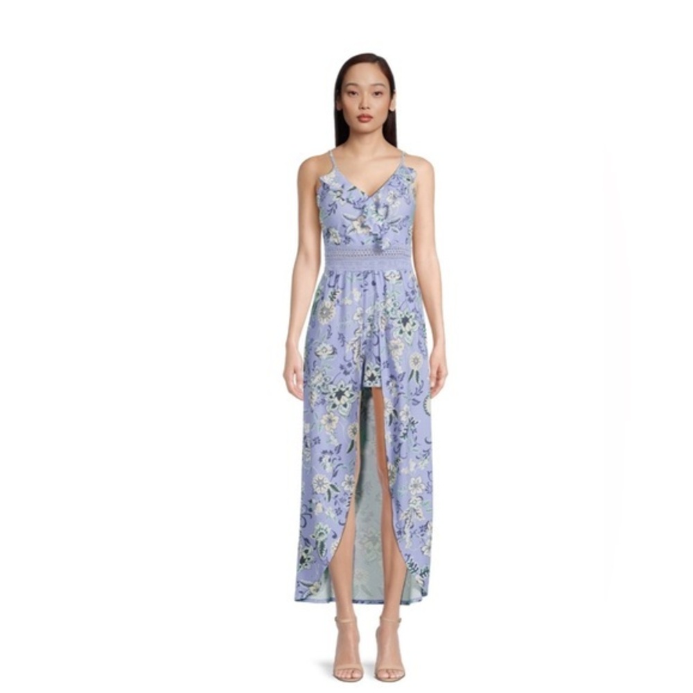 No Boundaries Juniors Ruffle Walk Through Maxi Romper, Size L